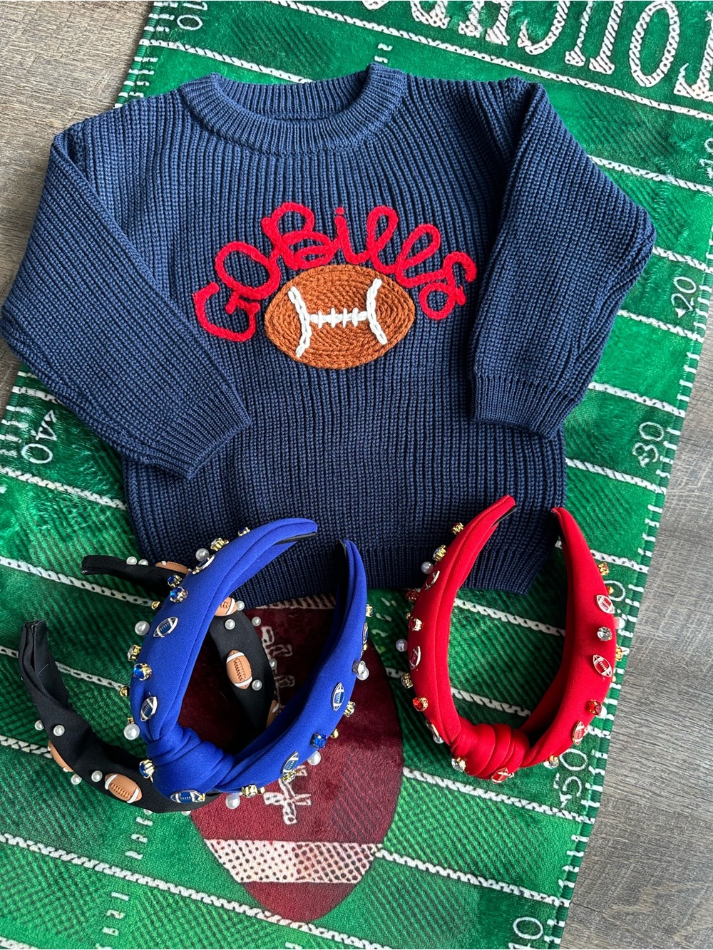 Kids Navy Football Knit Sweater with Red Script